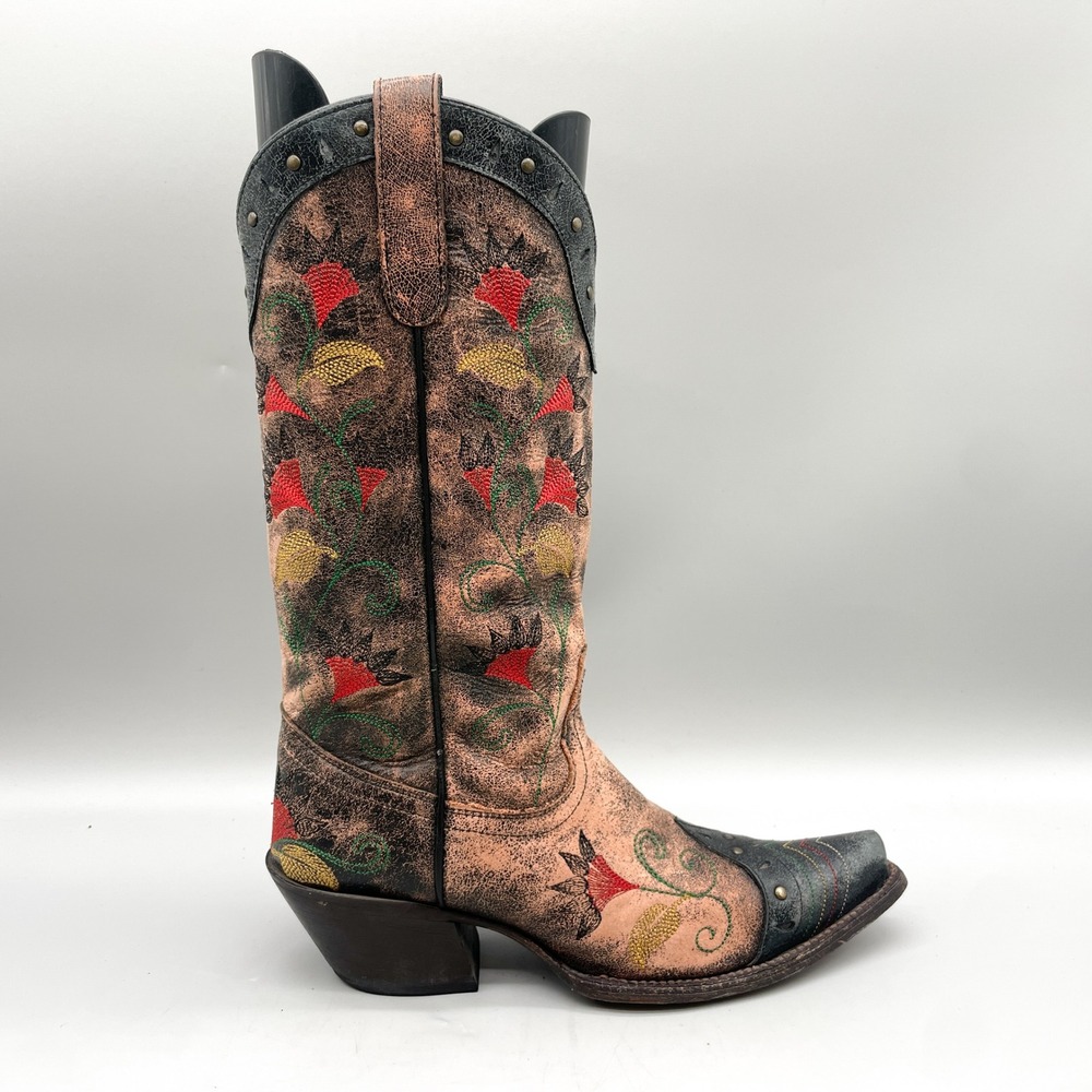 Tony Lama Womens 8B Western Cowboy Boots Copper Black Floral Rustic Coastal Boho